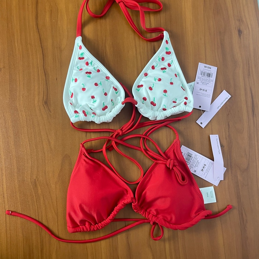 Wild Fable Lot of 2 Triangle Bikini‎ Tops Red Solid & White Cherry Print Small
